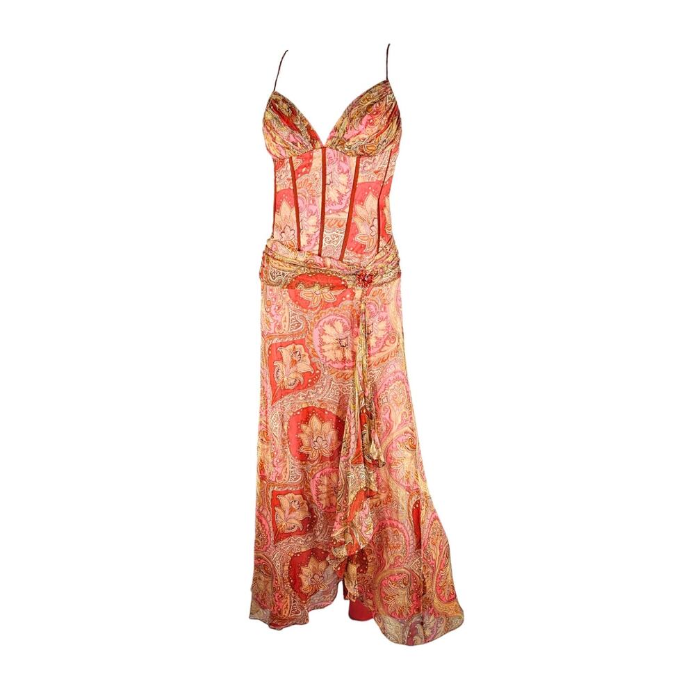 Vintage Silk Fairycore Dress Y2K Paisley Corset Maxi Chiffon Asymmetrical - M